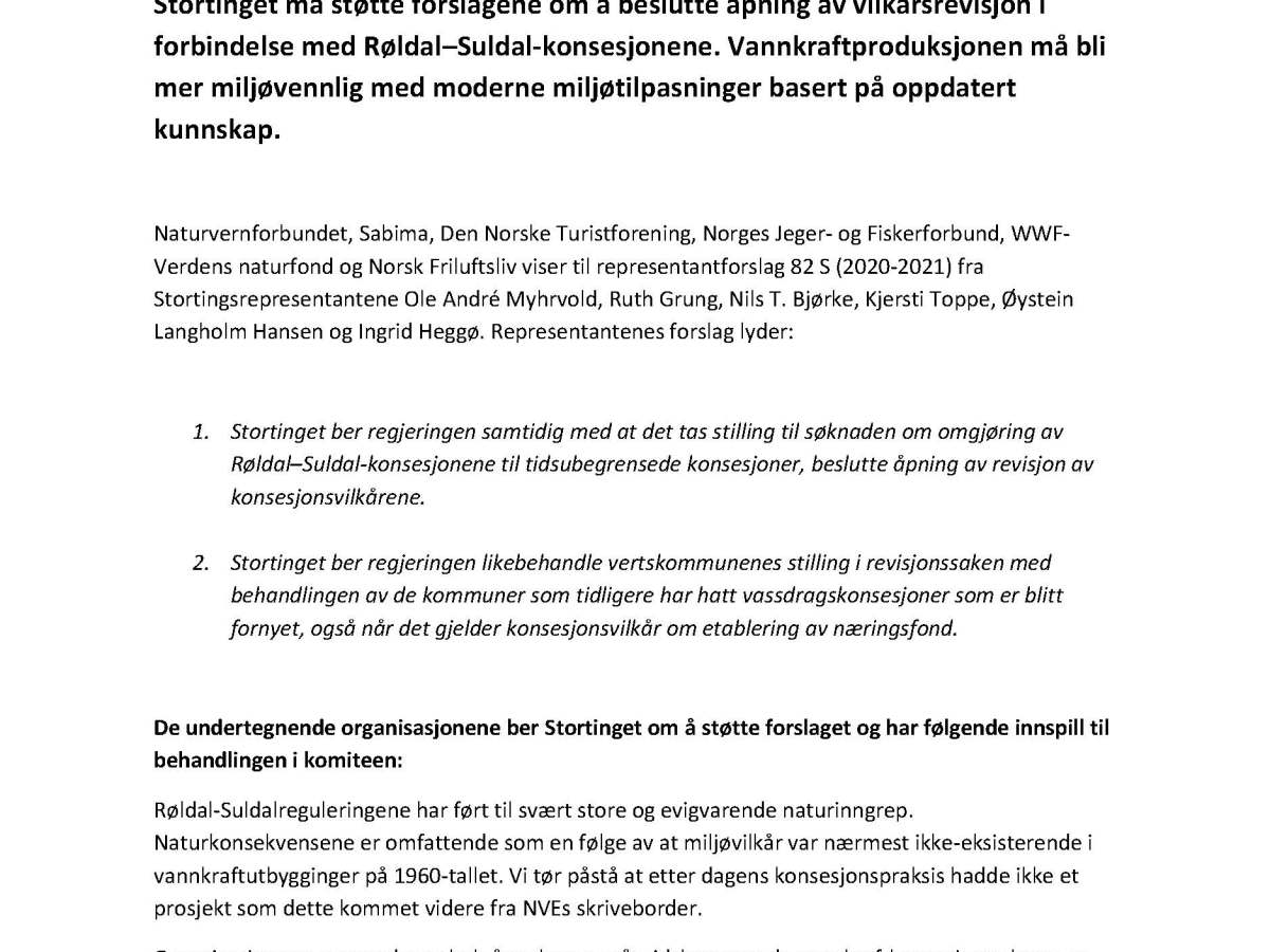 Skriftlig innspill -Naturvernforbundet, Sabima, NJFF, WWF, DNT og Norsk&nbsp;Friluftsliv
