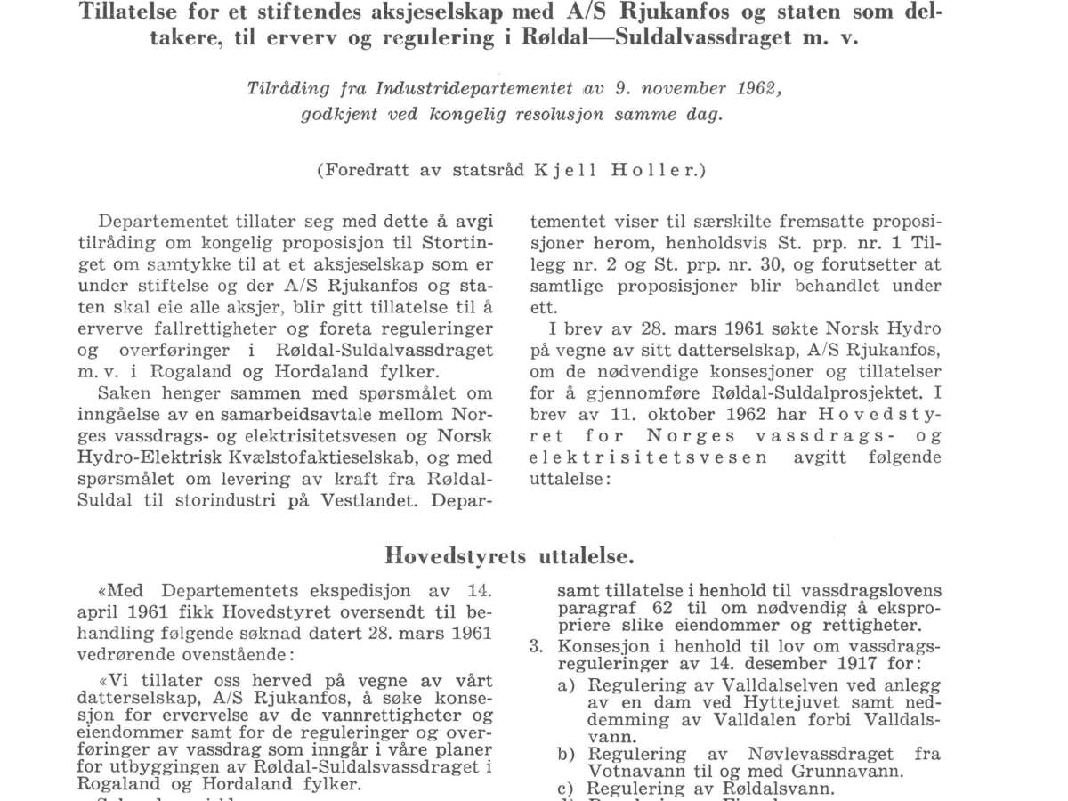Tillatelse for en stiftendes aksjeselskap med A/S Rjukanfos og staten som deltakere, til erverv og regulering i Røldal-Suldalvassdraget m. v. – 9. november&nbsp;1962