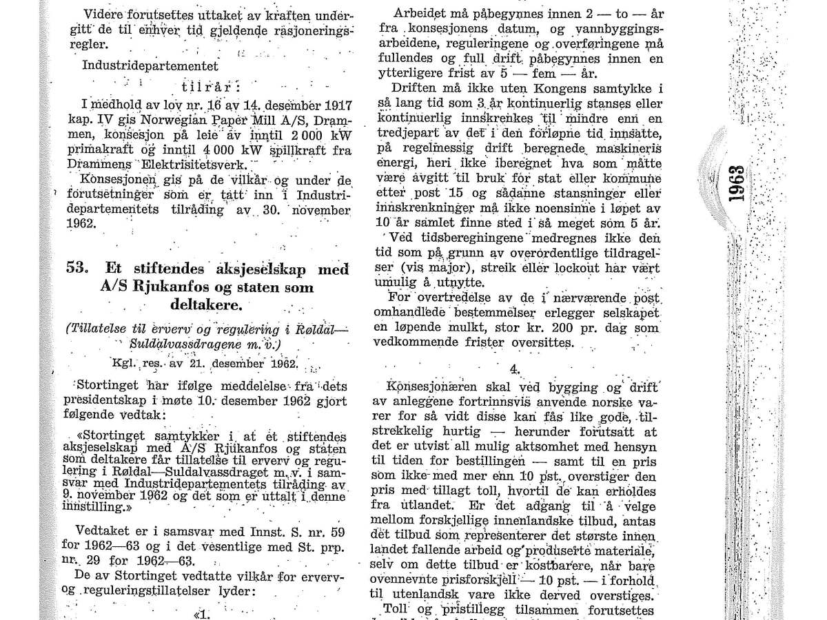Vassdragskonsesjon for Røldal-Suldal Kraft 21. desember 1962&nbsp;(Hoveddokument)